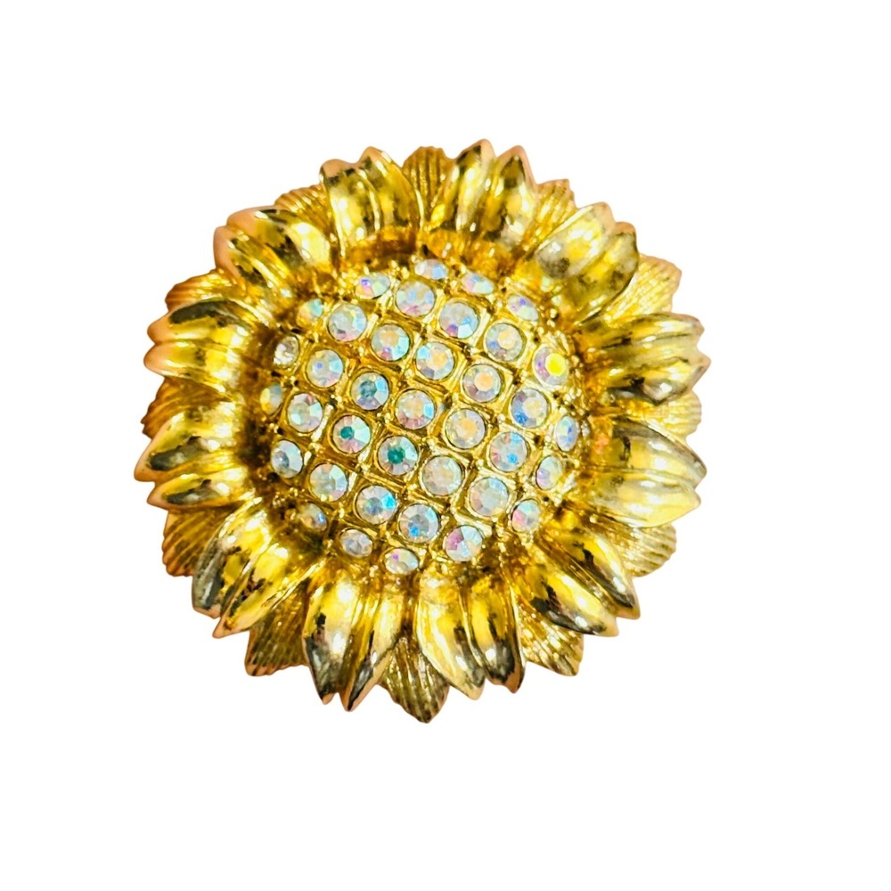 VTG Sunflower Jeweled Brooch Signed MOD Aurora Borealis Rhinestone‎ Flower Gold